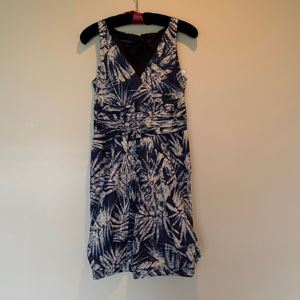 Lafayette 148 New York Navy and Cream 100% Linen Dress ~ Size 4
